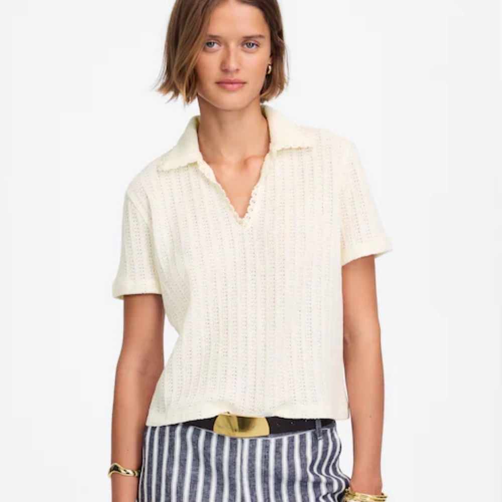 NEW MADEWELL Crochet-Knit V-Neck Sweater Tee Cream Pointed Collar Preppy Size XL